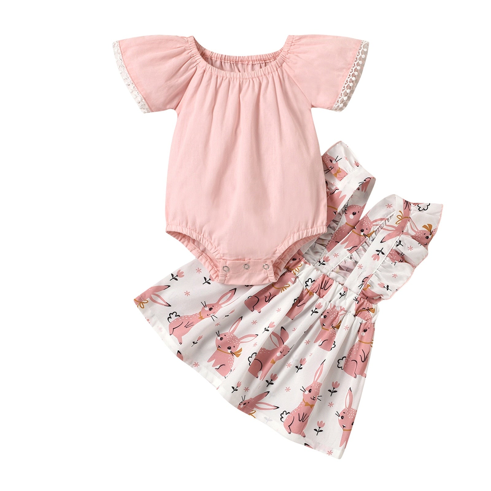 Toddler Baby Girls Summer Clothes Sets - Short Sleeve Romper and Rabbit Suspender Skirt Outfits Sets for Infant Girls