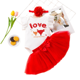 Adorable 3pcs Girls Valentine's Day Costume - Flying Sleeve Bodysuit+Mesh Skirt Party Baby Clothes Set