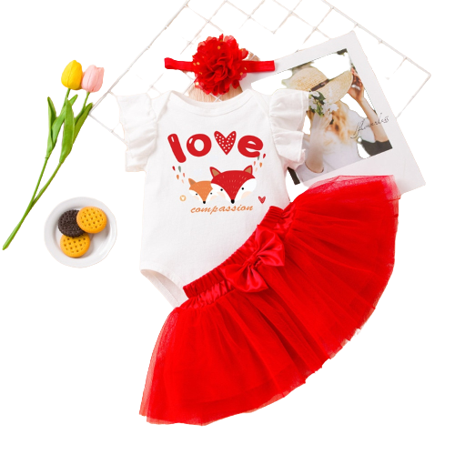 Adorable 3pcs Girls Valentine's Day Costume - Flying Sleeve Bodysuit+Mesh Skirt Party Baby Clothes Set