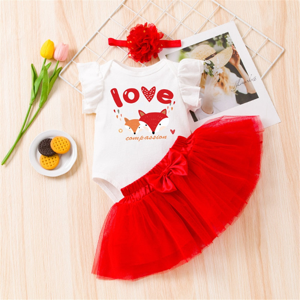 Adorable 3pcs Girls Valentine's Day Costume - Flying Sleeve Bodysuit+Mesh Skirt Party Baby Clothes Set