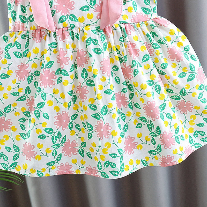 Summer Flower Bow Suspender Dress for Baby Girls