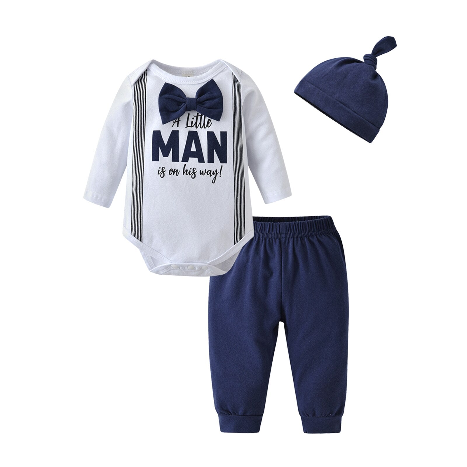 Stylish Newborn Baby Boys Clothing Set with Bowtie Romper Bodysuit, Pants, and Hat