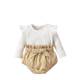 Newborn Infant Baby Girls Clothes Sets: Spring Long Sleeve Soild Tops+Plaid Shorts+Hairband