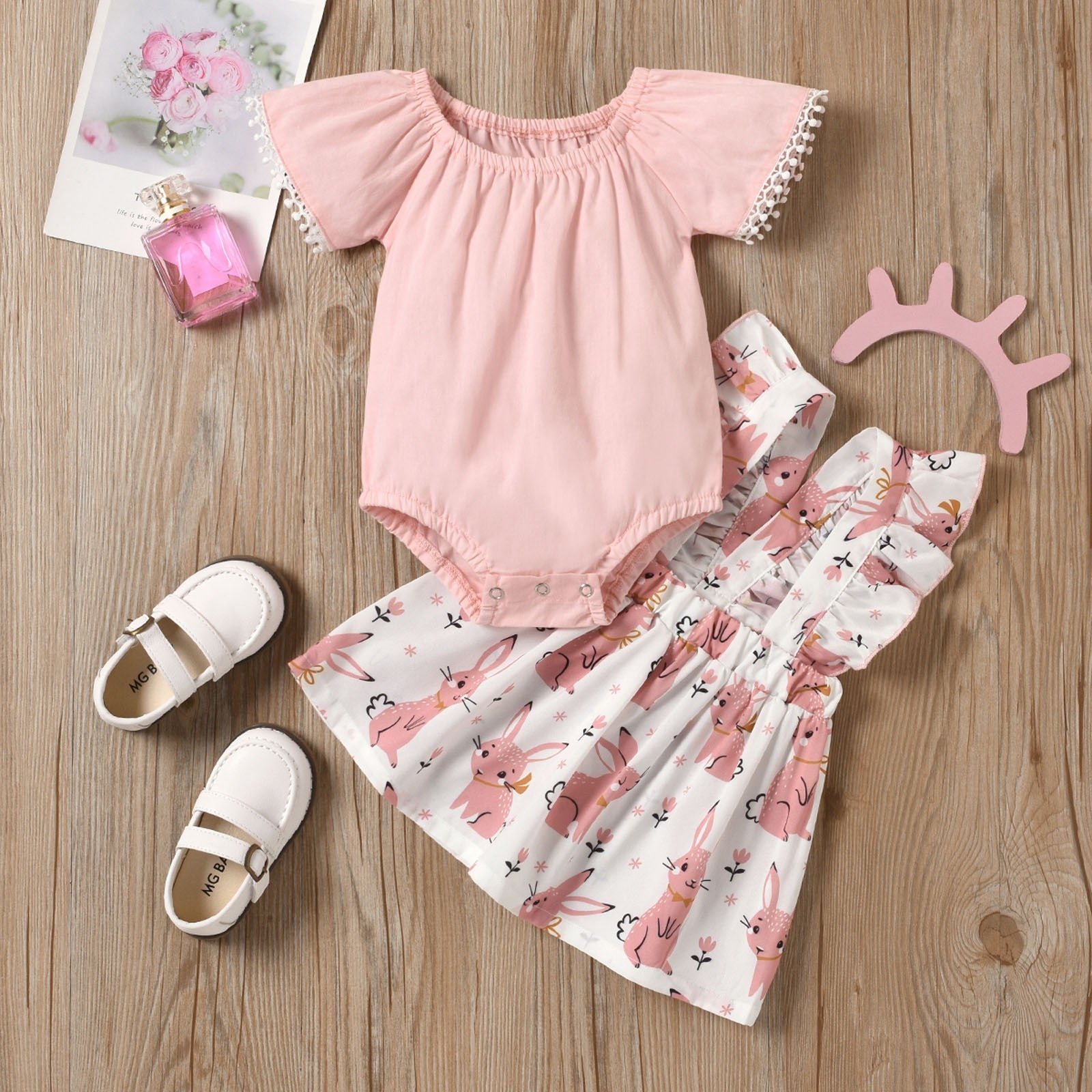 Toddler Baby Girls Summer Clothes Sets - Short Sleeve Romper and Rabbit Suspender Skirt Outfits Sets for Infant Girls