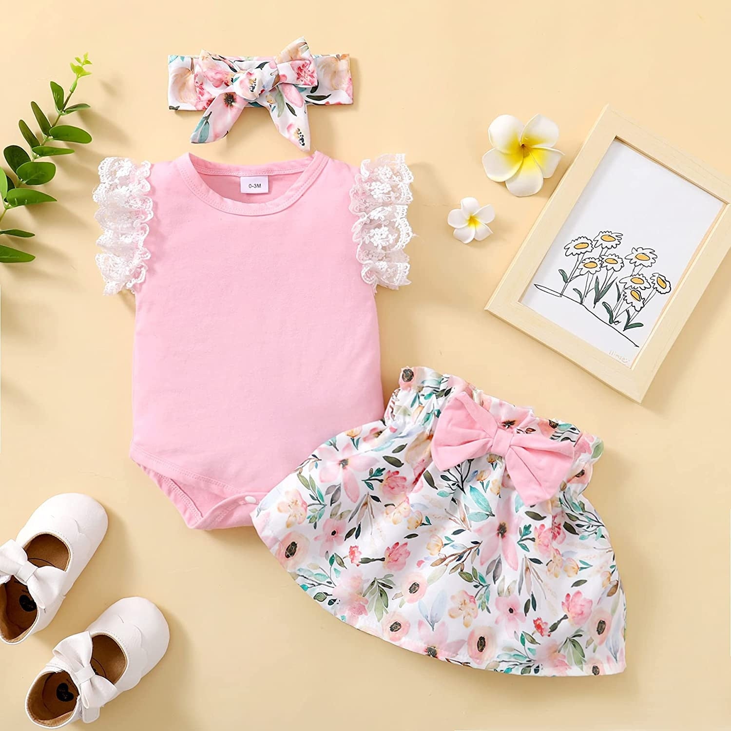 Newborn Baby Clothes Summer Sets For Girls Lace Sleeve Romper+Bow Skirts 3pcs Toddler Girls Outfits Suit