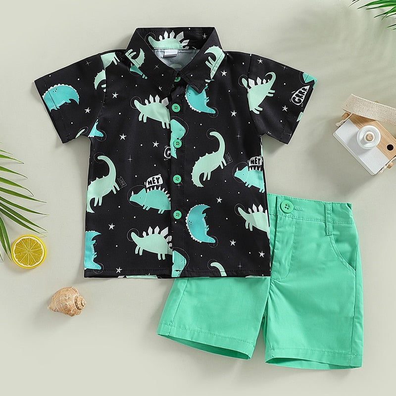 Cool Dino Style: Boys' Summer Outfit with Printed Shirt and Solid Shorts