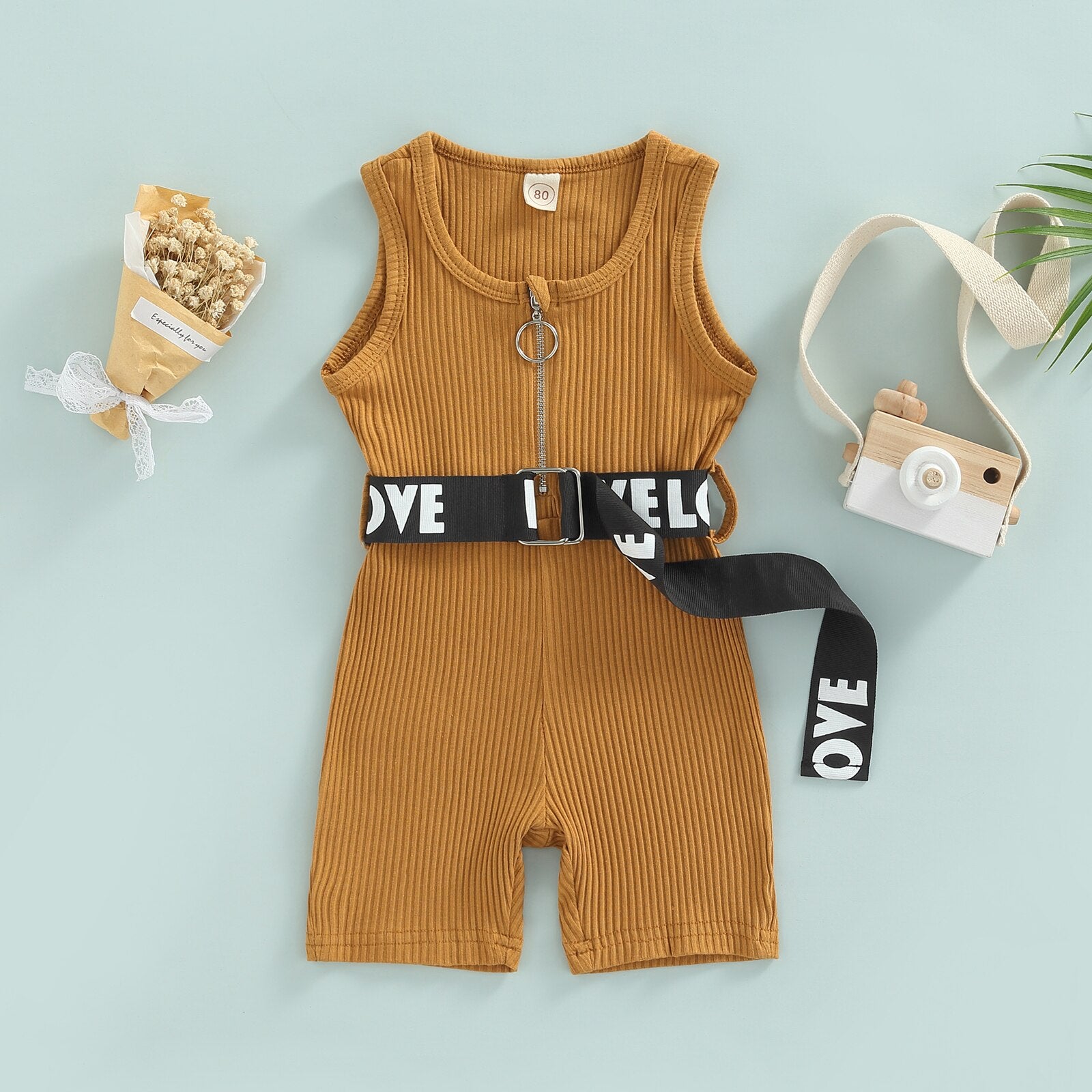 Fashion Kids Girl's Summer Jumpsuit 0-4Y Solid Sleeveless Zipper Ribbed Playsuit Shorts With Letter Printed Belt