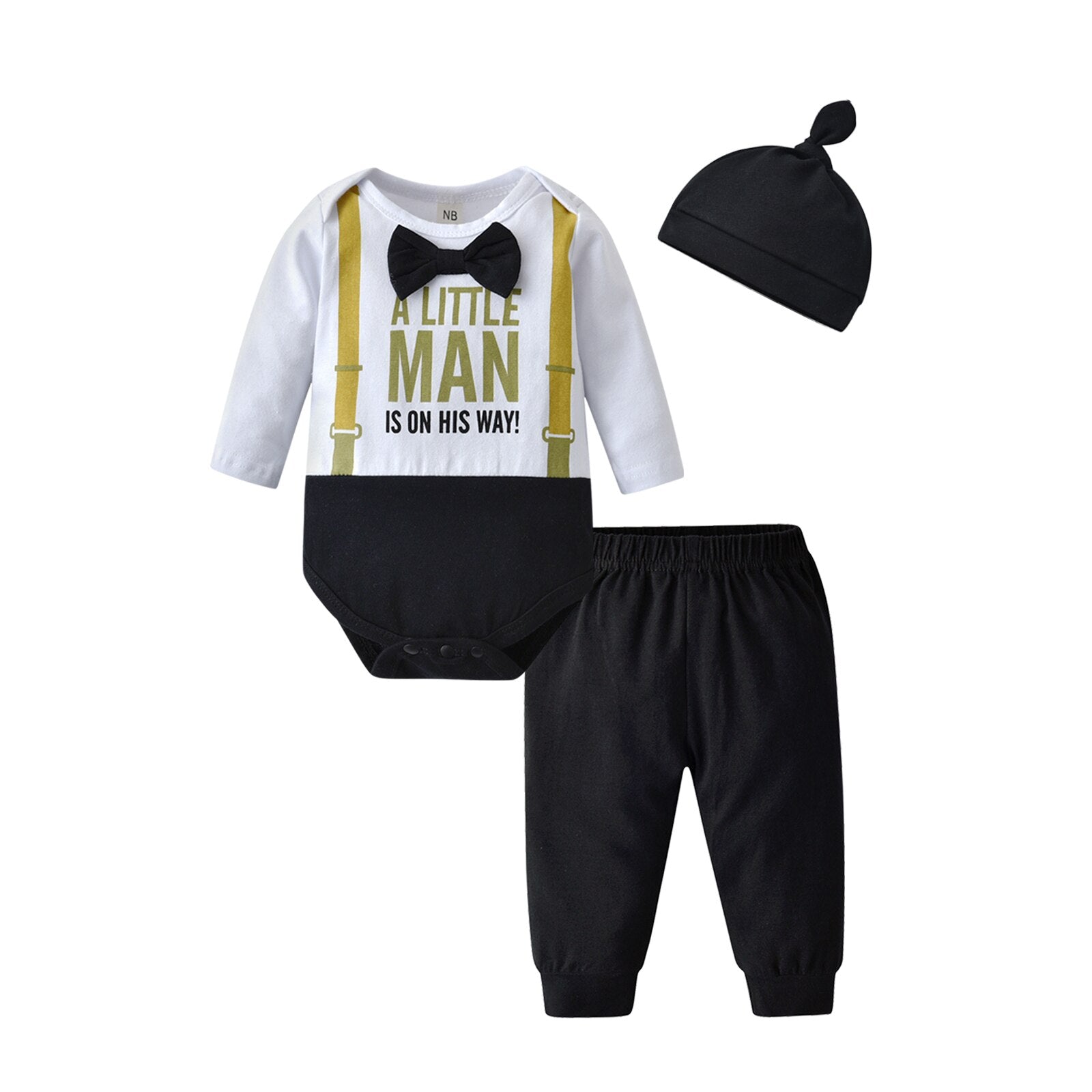 Stylish Newborn Baby Boys Clothing Set with Bowtie Romper Bodysuit, Pants, and Hat