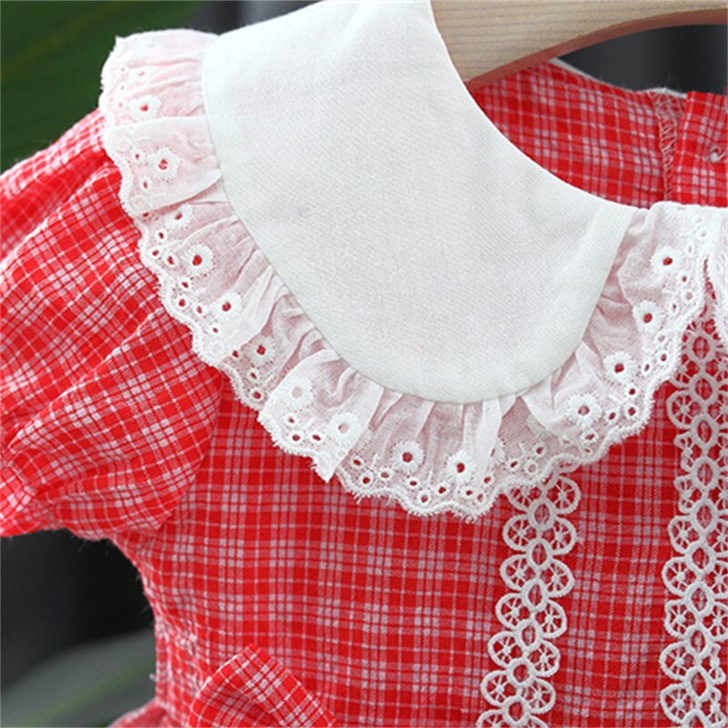 Summer Plaid Baby Girl Dress with Lace Bow and Puff Sleeves