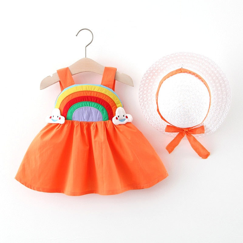 Summer Rainbow Sling Dresses for Baby Girls - 2 Piece Set with Hat