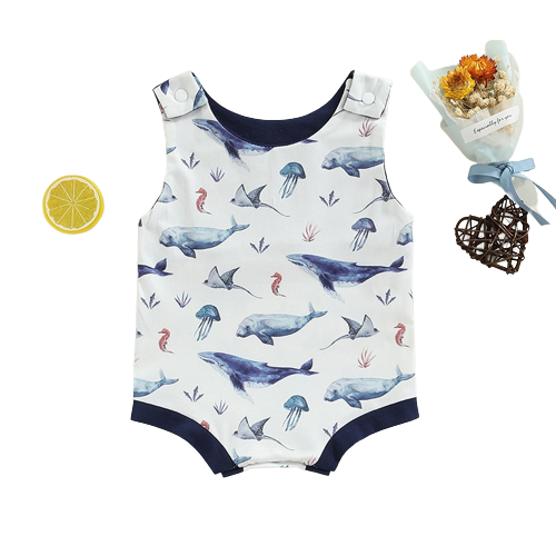 Summer Casual Baby Boys Bodysuits - Rainbow/Fish Print Sleeveless Button Jumpsuits