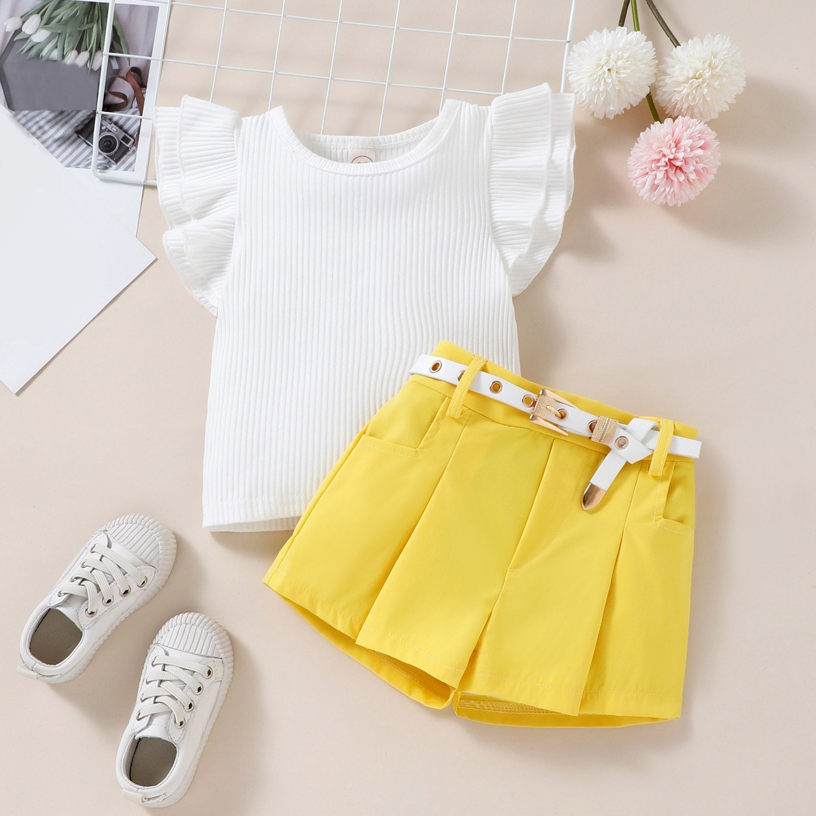 Toddler Infant Baby Girls Clothing 2pcs Clothes Sets Ruffles Fly Sleeve Ribbed Solid T Shirts + Shorts With Belt Outfits