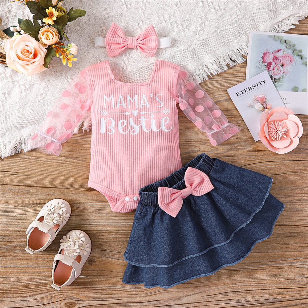 Baby Clothes Set Lace Sleeve Bodysuit+Denim Skirt Kids Girls Clothing