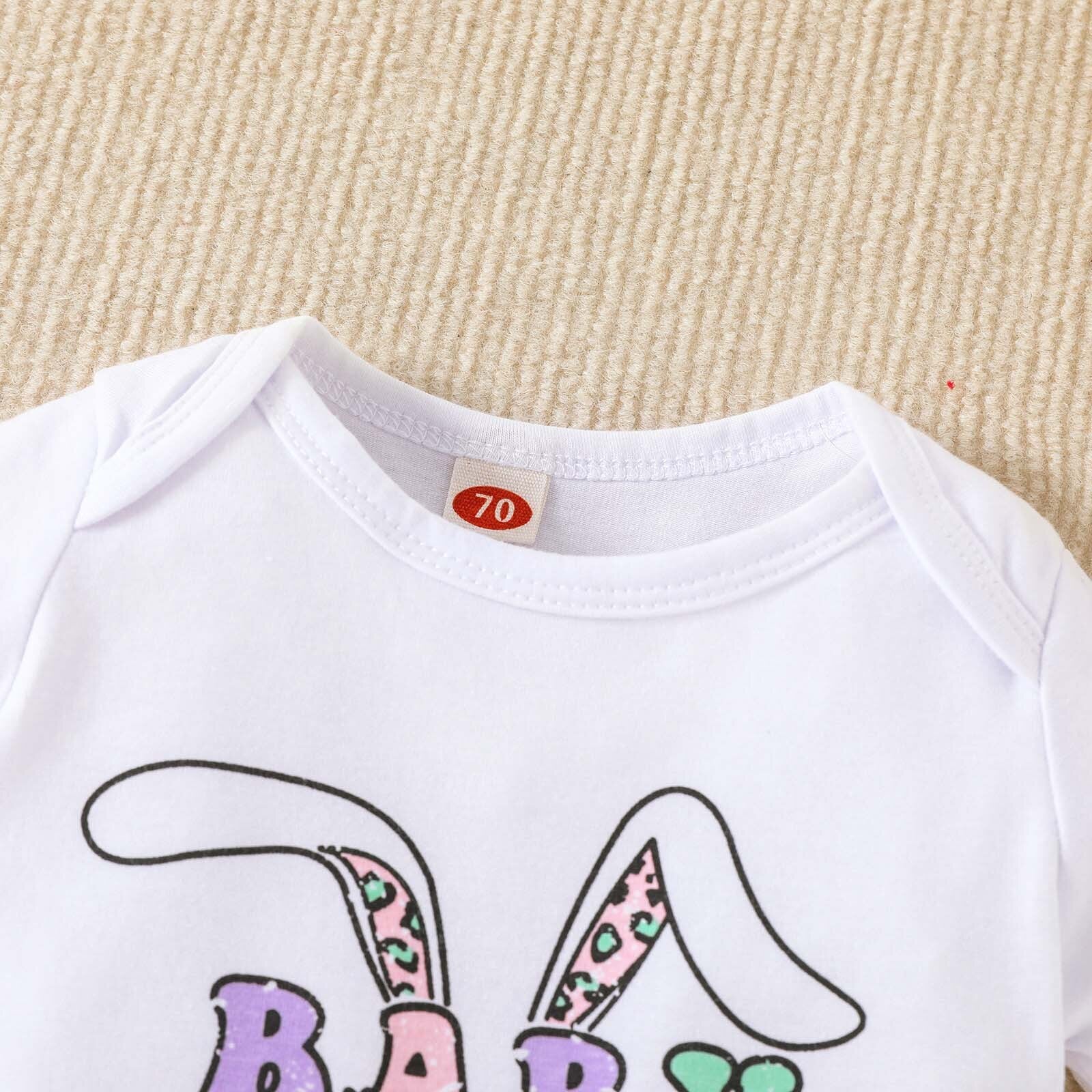 Adorable My First Easter Outfit Set for Girls - Rabbit Shape Letter Romper and Bunny Print Flared Pants