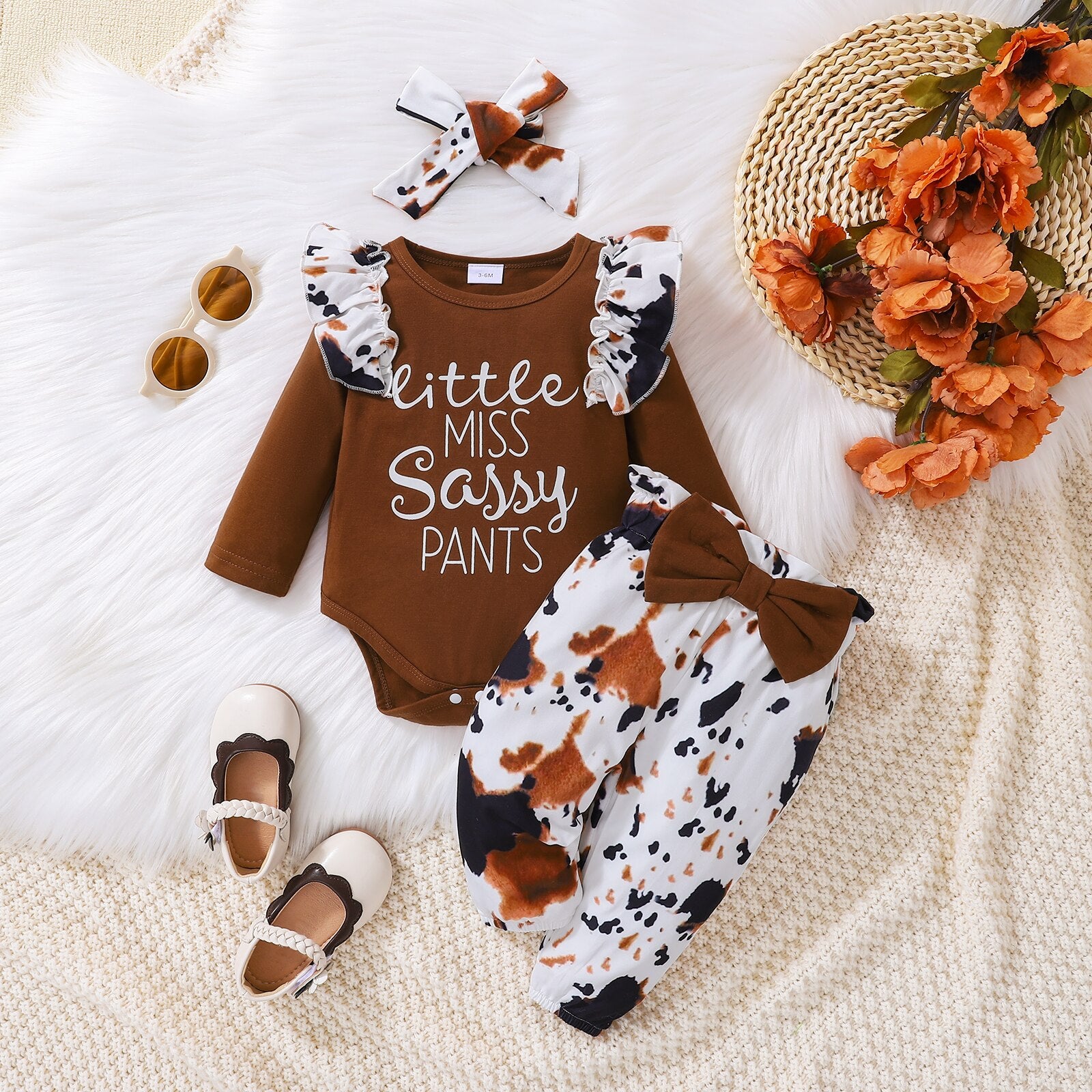 Adorable 3Pcs Baby Girls Fall Outfit Set with Letter Print Romper and Cow Print Pants