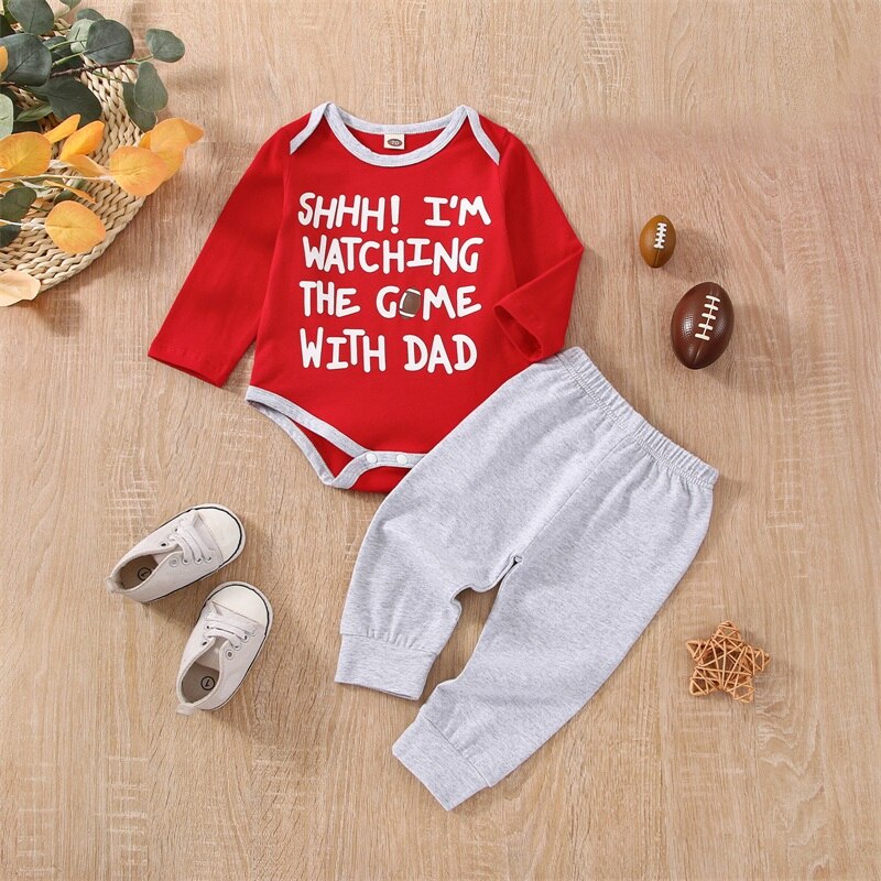 Xmas Party Suit for Baby Girls and Boys - Letter Print Long Sleeve Romper with Solid Pants