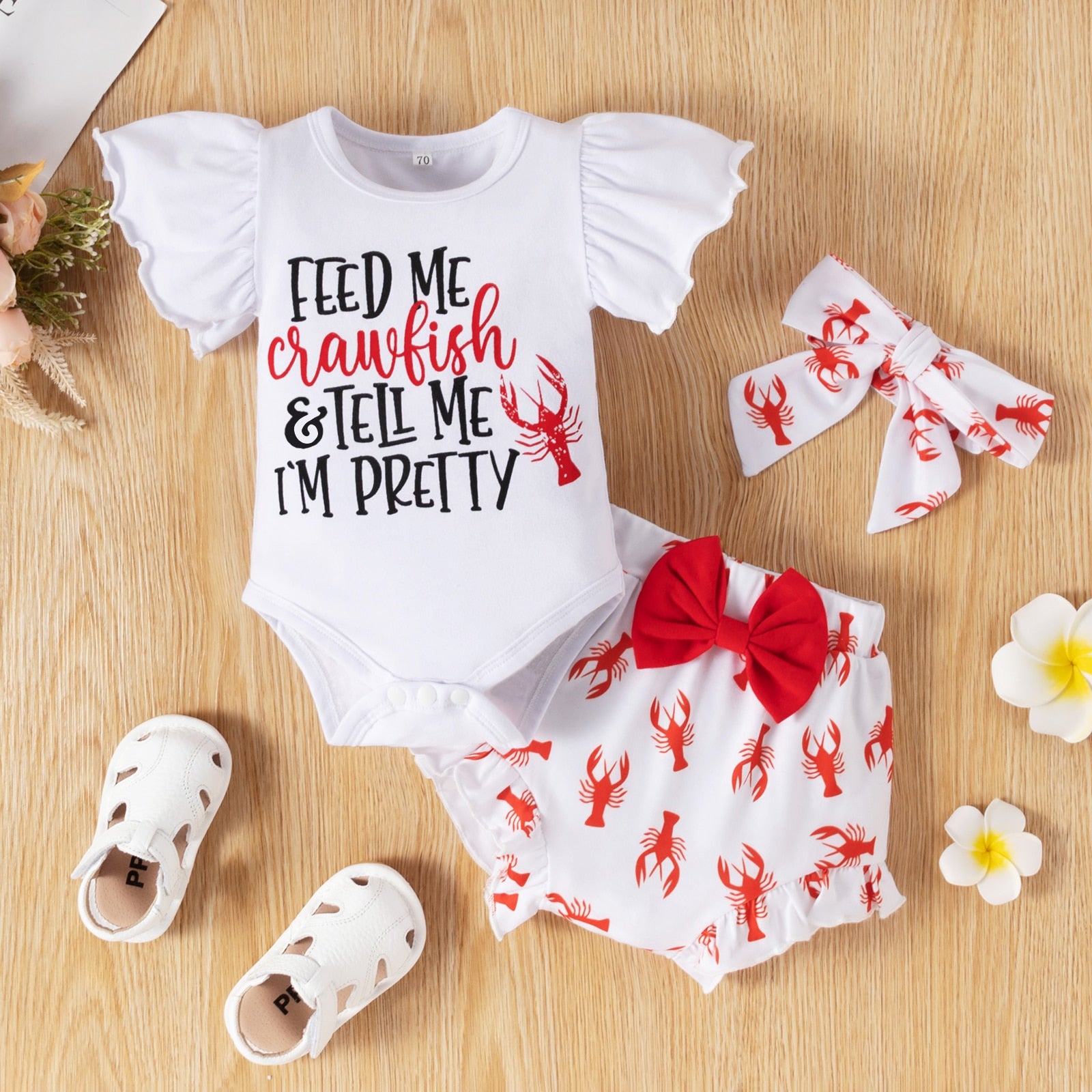 Adorable Summer Outfit for Newborn Girls: Ruffled Bodysuit and Lobster Pants Set