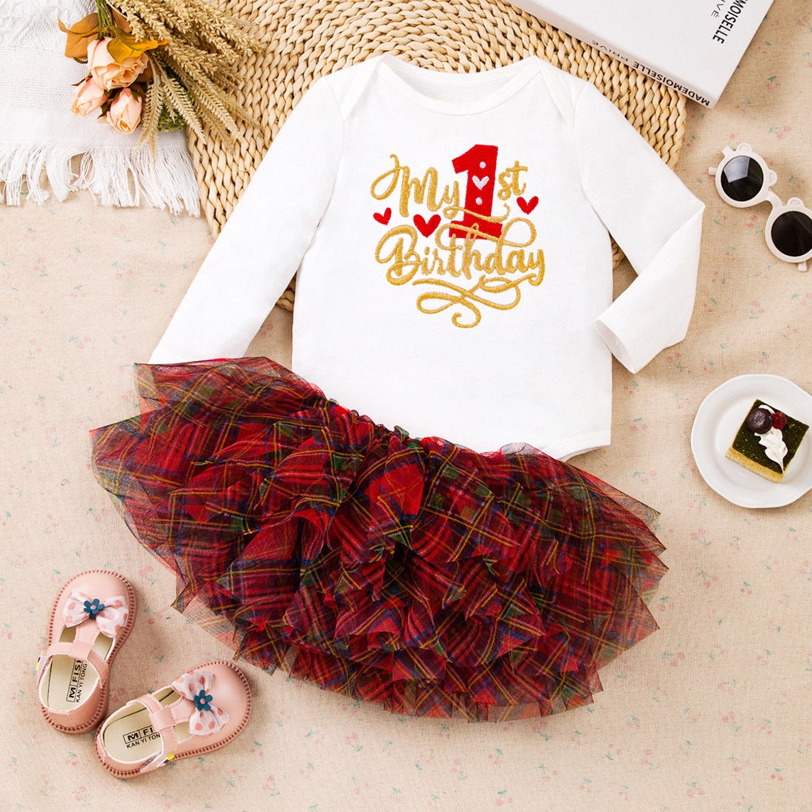 Adorable Newborn Infant Baby Girls Clothes Sets with Long Sleeve Romper Bodysuit and Plaid Tulle Skirts for Birthday and Baptismal Events