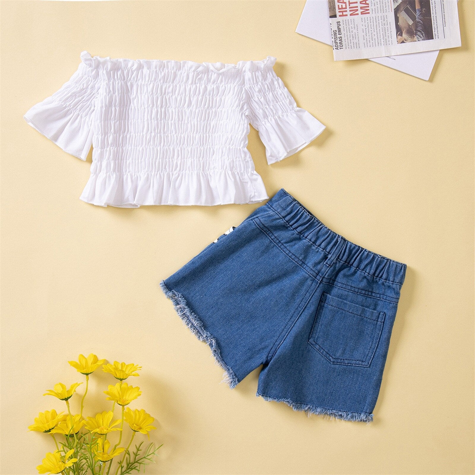 Adorable Toddler Girls Summer Clothes Sets - Off Shoulder T-Shirt and Denim Shorts