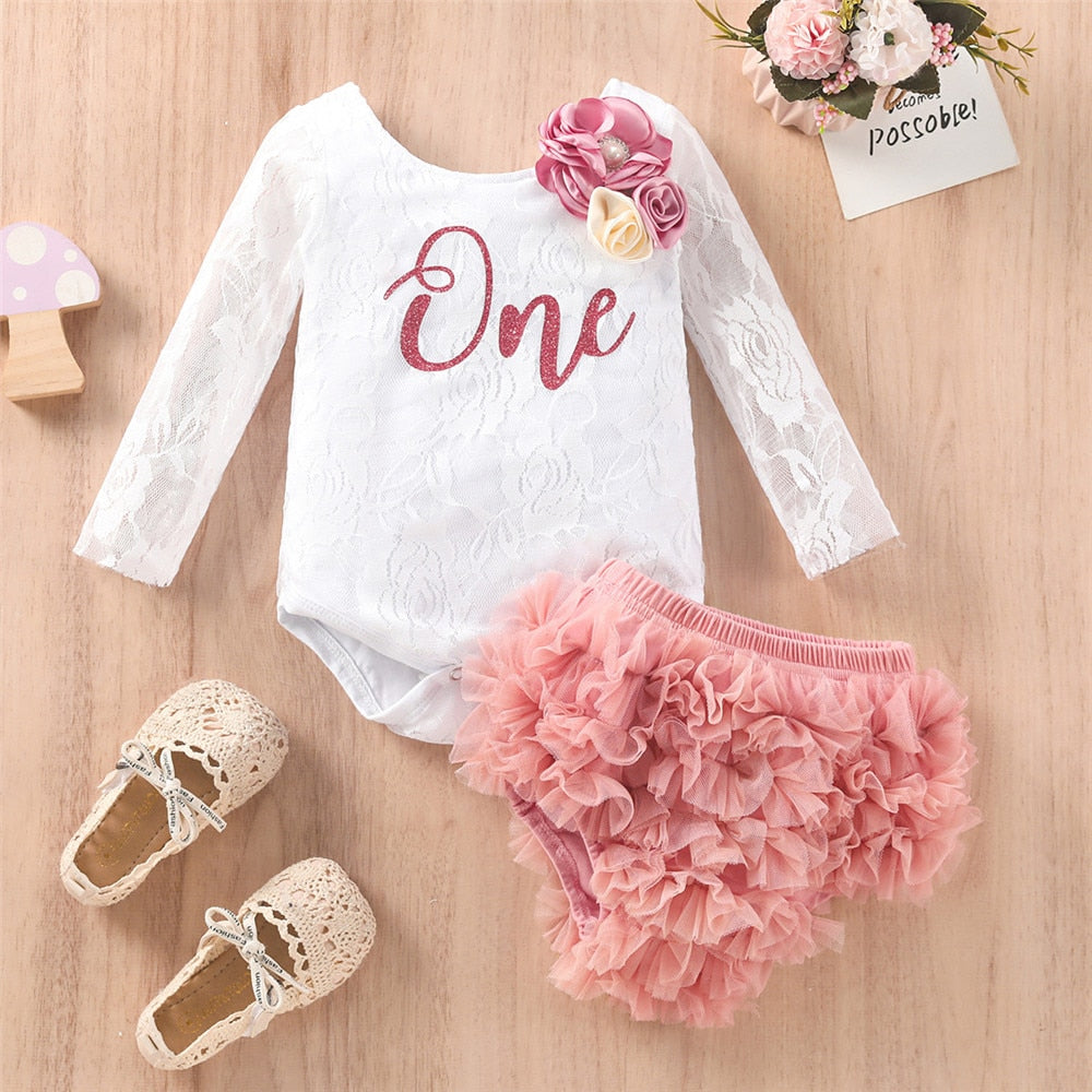 Adorable First Birthday Girls Clothes Set for the Little Princess - Lace Sleeve Bodysuit+Shorts