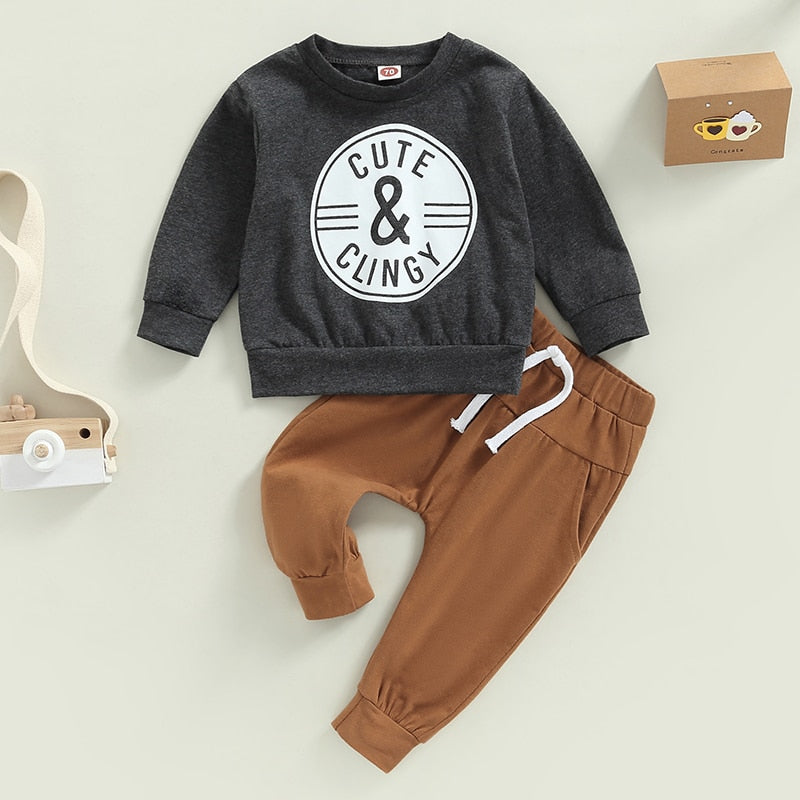 Toddler Boy Clothes Sets Spring Outfit Letter Symbol Print Long Sleeve Crew Neck Sweatshirt + Elastic Waist Solid Color Trousers - BabbeZz