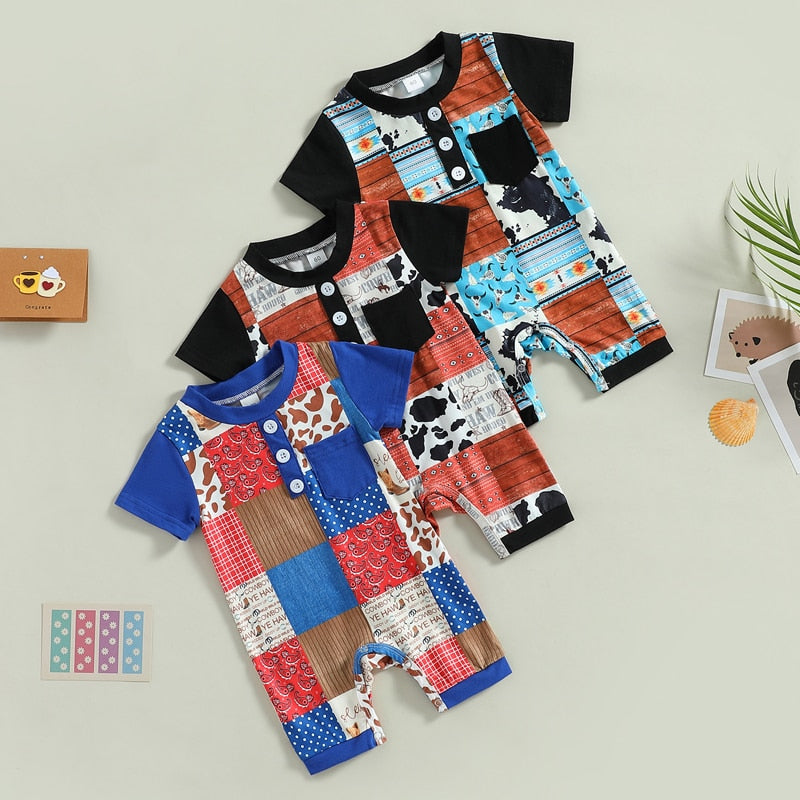 Newborn Baby Girls Boys Cute Cow Patchwork Short Sleeve Pocket Jumpsuit