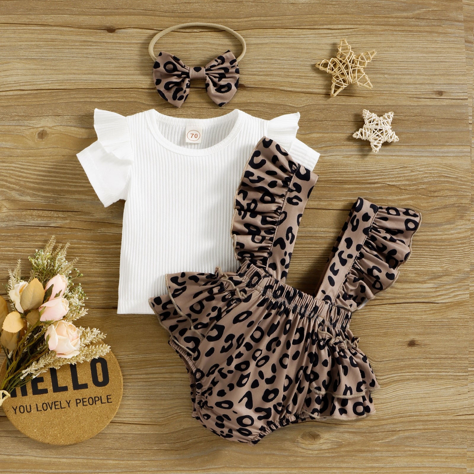 Newborn Infant Baby Summer Clothing Set | Leopard Jumpsuit Bodysuit + Headband + Ribbed T-Shirt | 2 Piece Outfits for Baby Girls