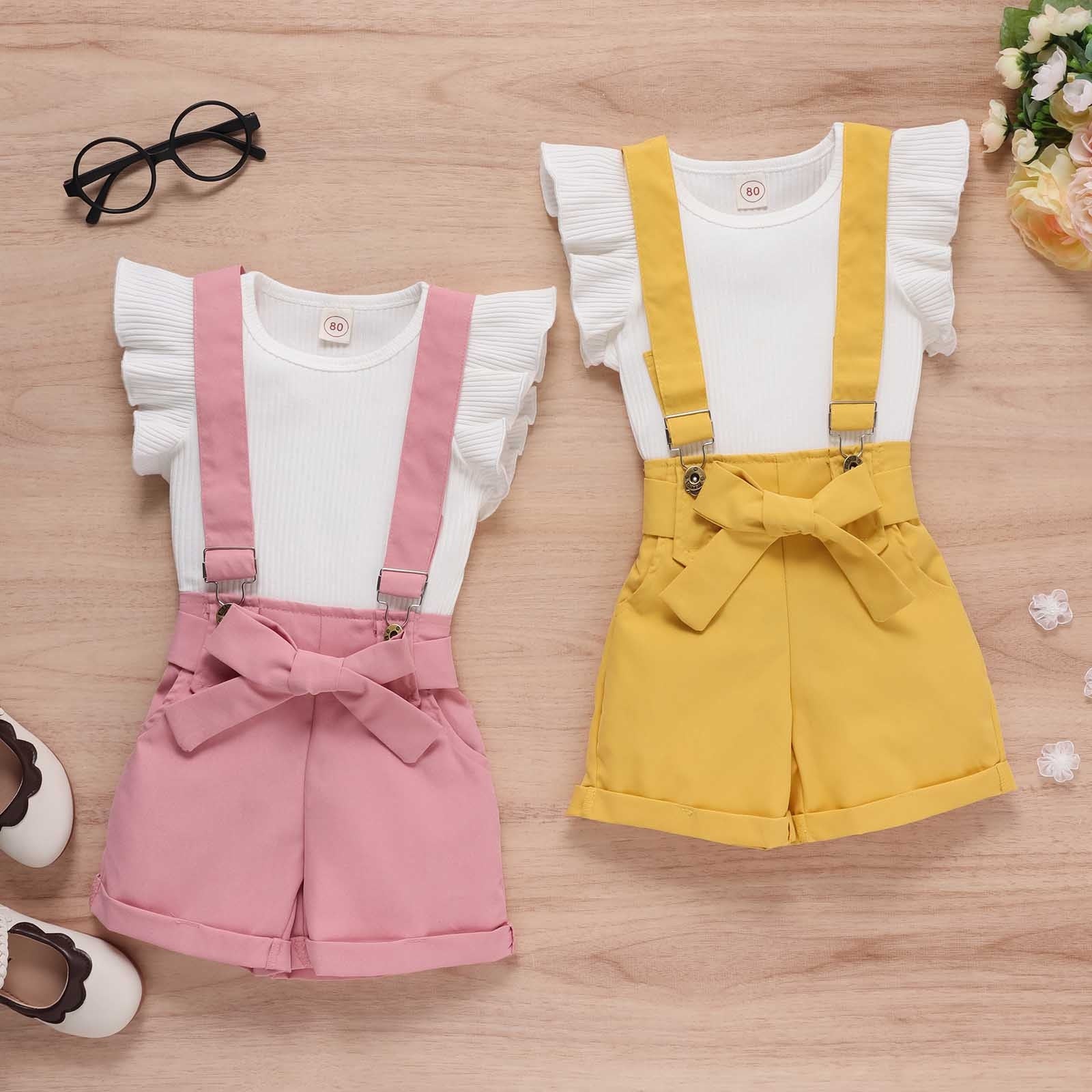 Little Girls Clothes Sets - Ruffle Sleeve T-Shirt and Suspender Shorts