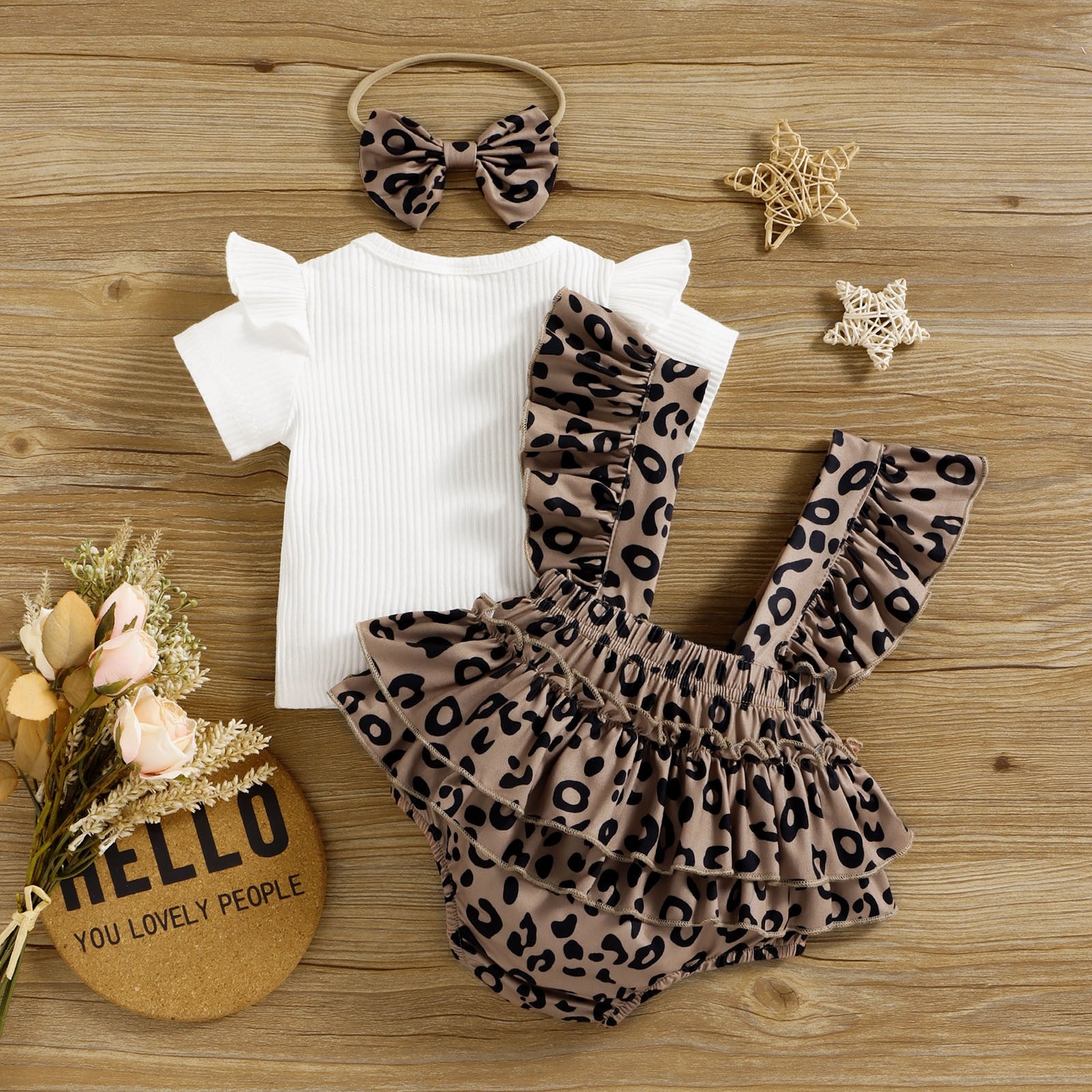 Newborn Infant Baby Summer Clothing Set | Leopard Jumpsuit Bodysuit + Headband + Ribbed T-Shirt | 2 Piece Outfits for Baby Girls