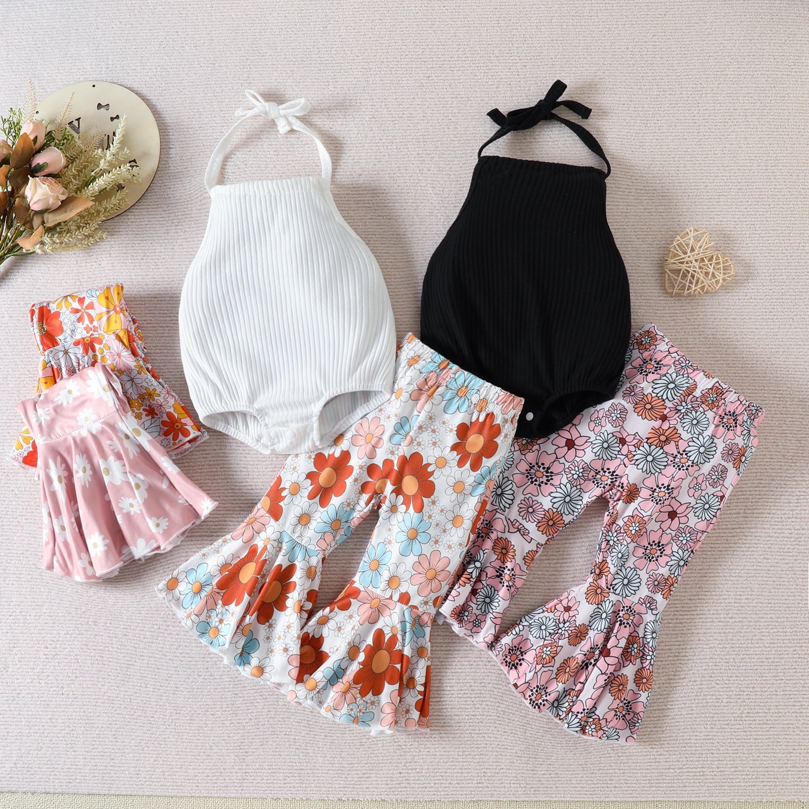 Stylish Summer Newborn Baby Girls Clothes Sets with Knitted Bodysuits and Flare Pants