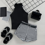 Baby Little Girl S Sleeveless Ribbed Outfit Set - Solid Color Stand-up Collar Belted Shorts - Babbez