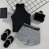 Baby Little Girl S Sleeveless Ribbed Outfit Set - Solid Color Stand-up Collar Belted Shorts - Babbez