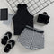 Baby Little Girl S Sleeveless Ribbed Outfit Set - Solid Color Stand-up Collar Belted Shorts - Babbez
