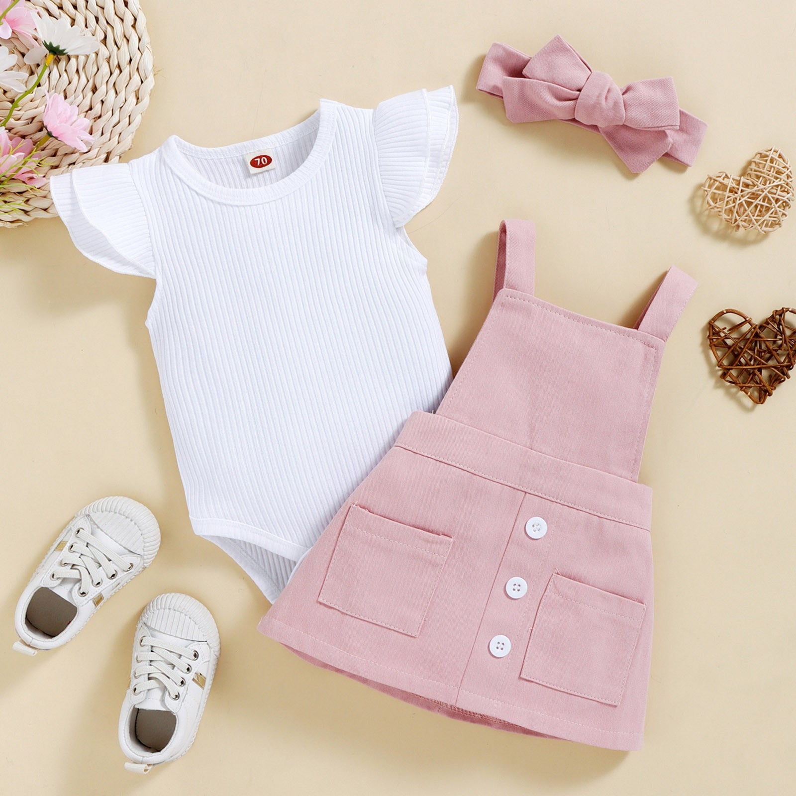 Fashionable Infant Baby Girl Summer Clothes Set - Ribbed Romper, Suspender Skirt, and Headband Sets for a Perfect Look