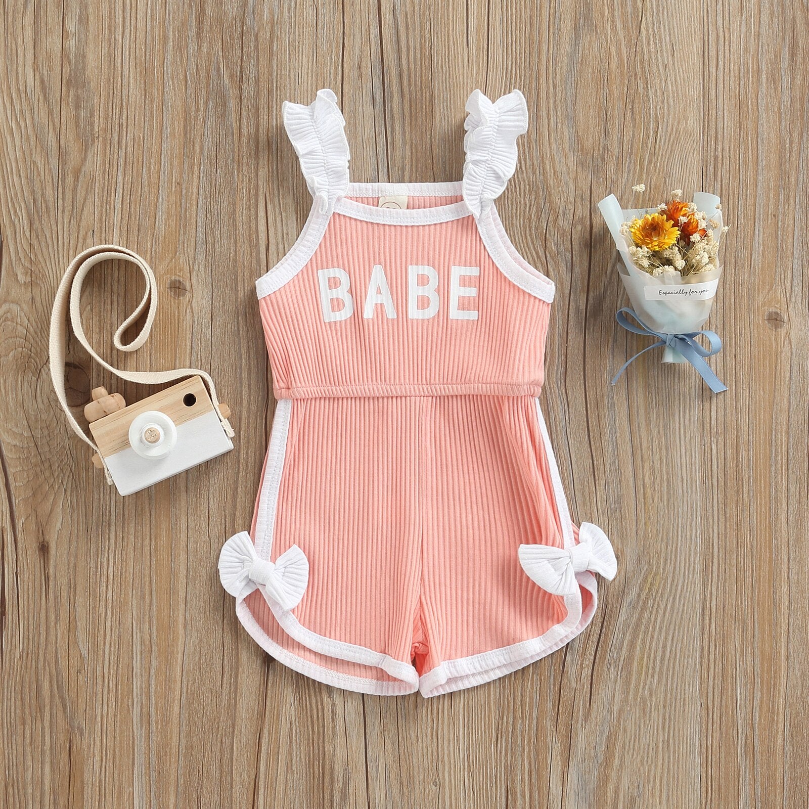 BABE Letter Ruffles Strap Sleeveless High Waist Rompers for Infant Girls