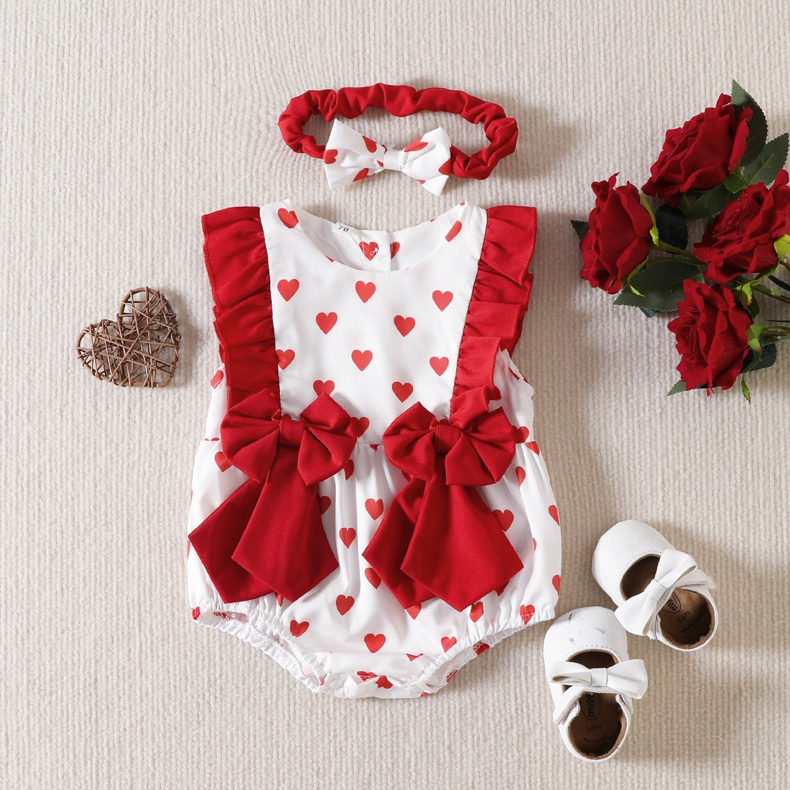 Love Print Baby Girl Romper Set - Sleeveless Bowknot Romper with Headband for Newborns