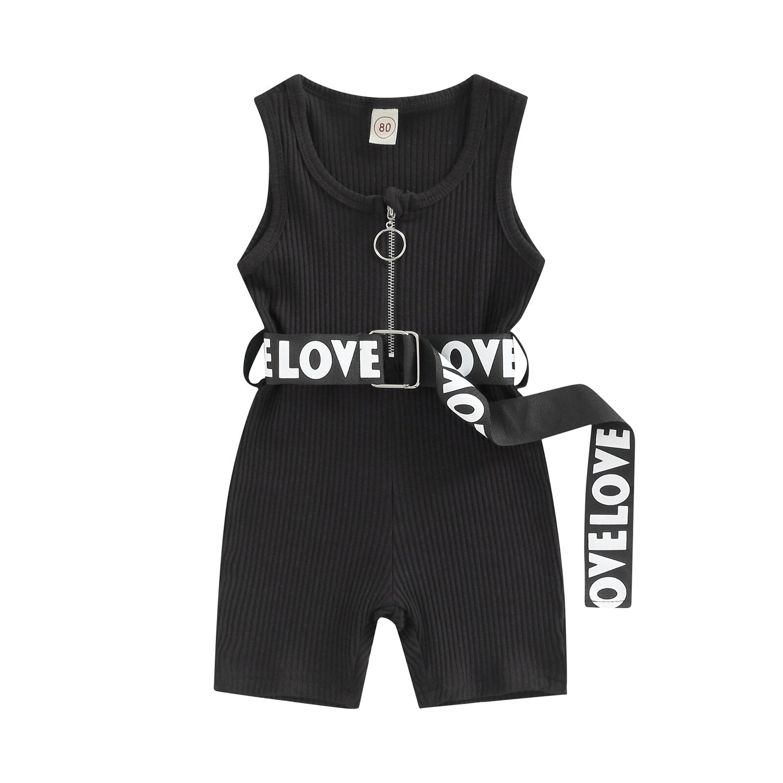 Fashion Kids Girl's Summer Jumpsuit 0-4Y Solid Sleeveless Zipper Ribbed Playsuit Shorts With Letter Printed Belt