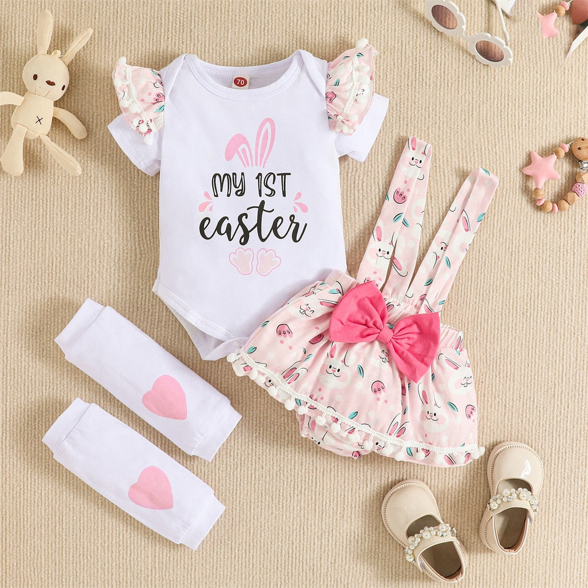 My First Easter" Baby Clothing Set for Girls: Rabbit Romper and Layered Floral Bodysuit
