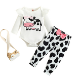 Adorable Cow Printed Baby Girl Romper Set with Ruffle Sleeves and Bowknot Pants