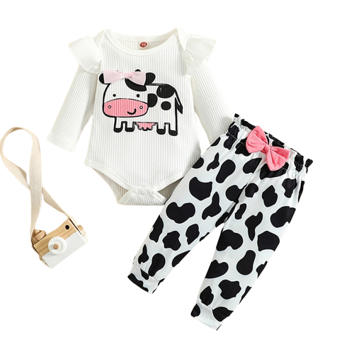 Adorable Cow Printed Baby Girl Romper Set with Ruffle Sleeves and Bowknot Pants