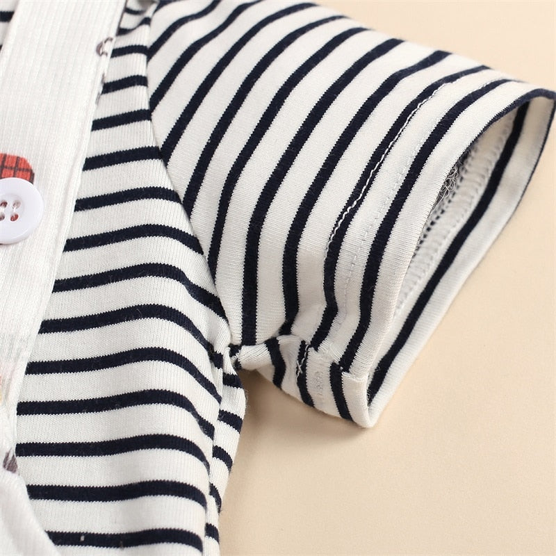 Adorable Newborn Baby Casual Outfit - Short Sleeve Stripe Top and Cartoon Animal Suspender Pants Set