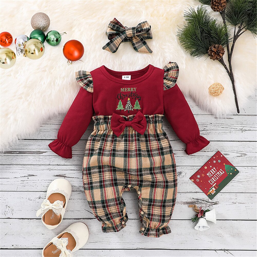 Christmas Baby Rompers with Grid Patchwork