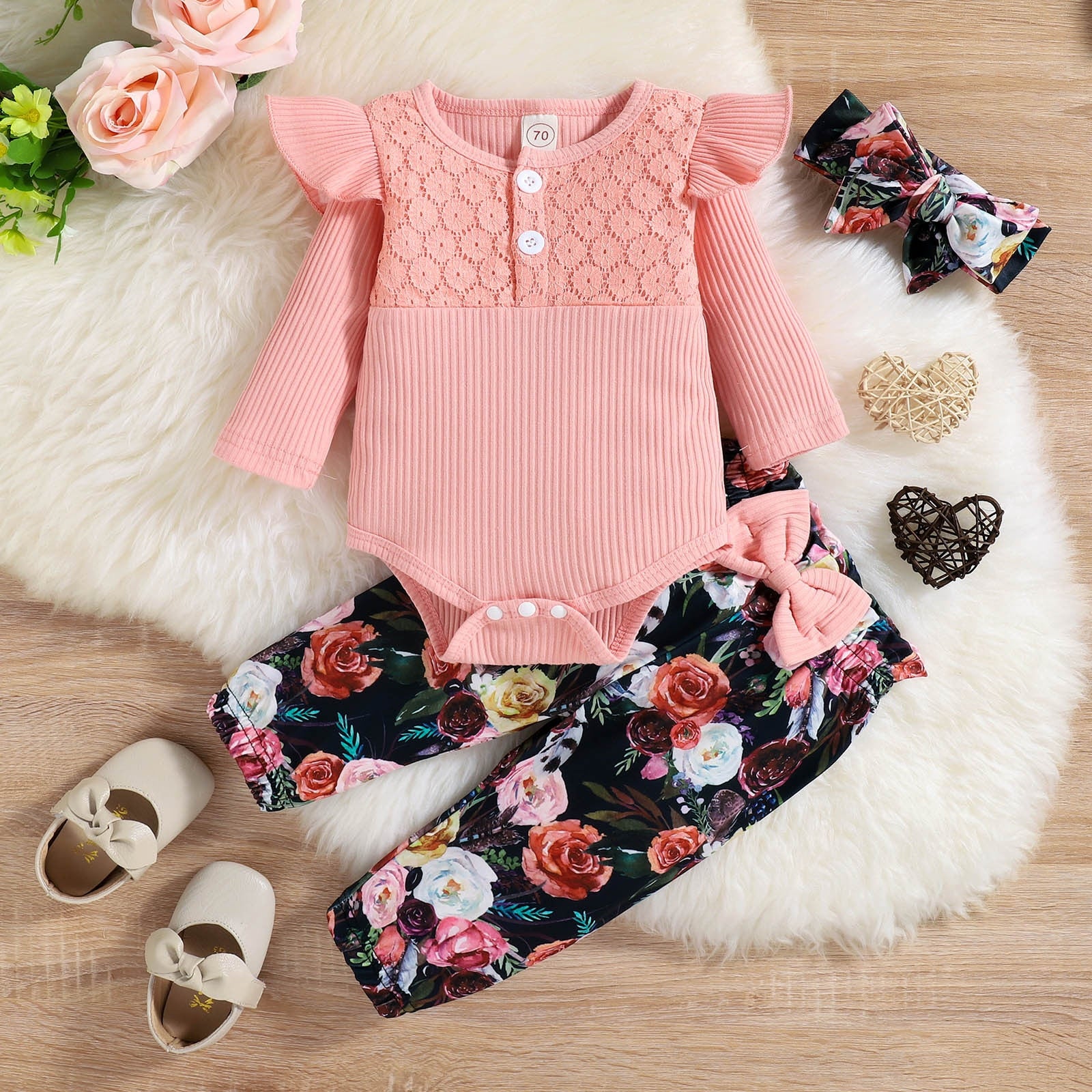 Adorable Baby Girl Clothes Set for Autumn/Winter - Long Sleeve Romper and Pants with Bow Detail