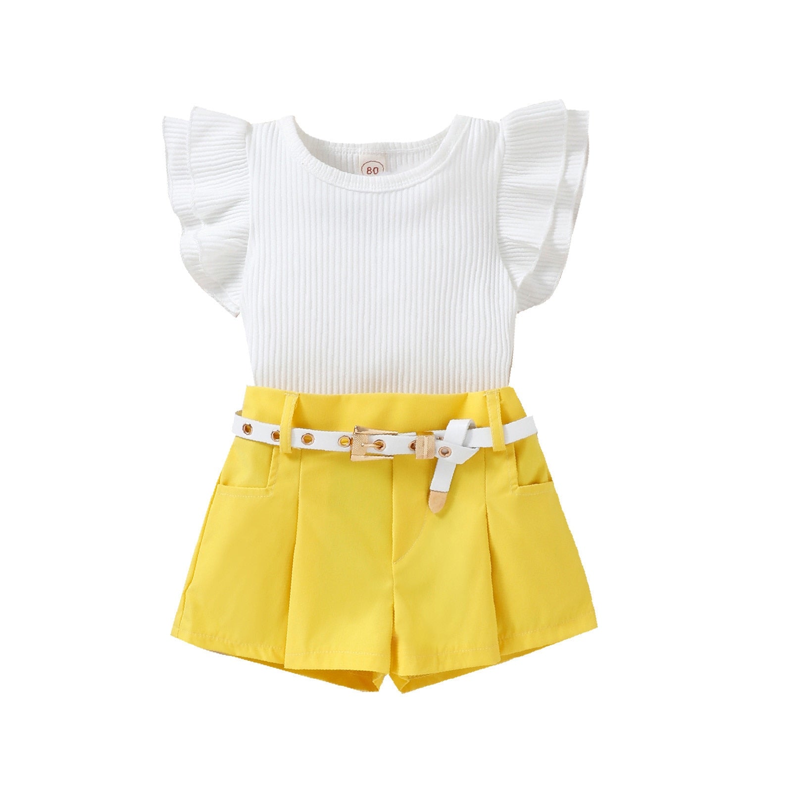 Toddler Infant Baby Girls Clothing 2pcs Clothes Sets Ruffles Fly Sleeve Ribbed Solid T Shirts + Shorts With Belt Outfits