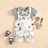 Adorable Baby Summer Outfit: Striped Short Sleeve Top and Animal Print Suspender Pants Set