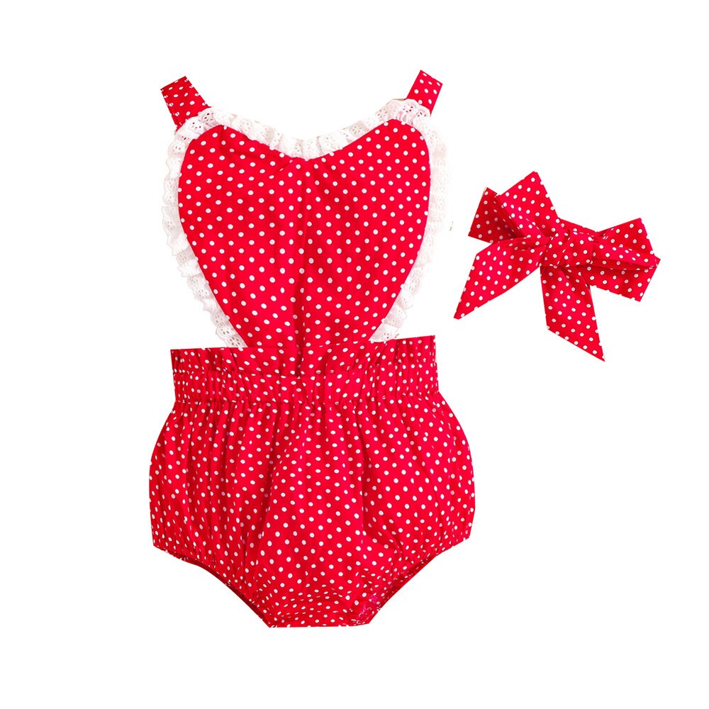 Adorable 2-Piece Girls Bodysuit and Romper Set with Dots and Lace