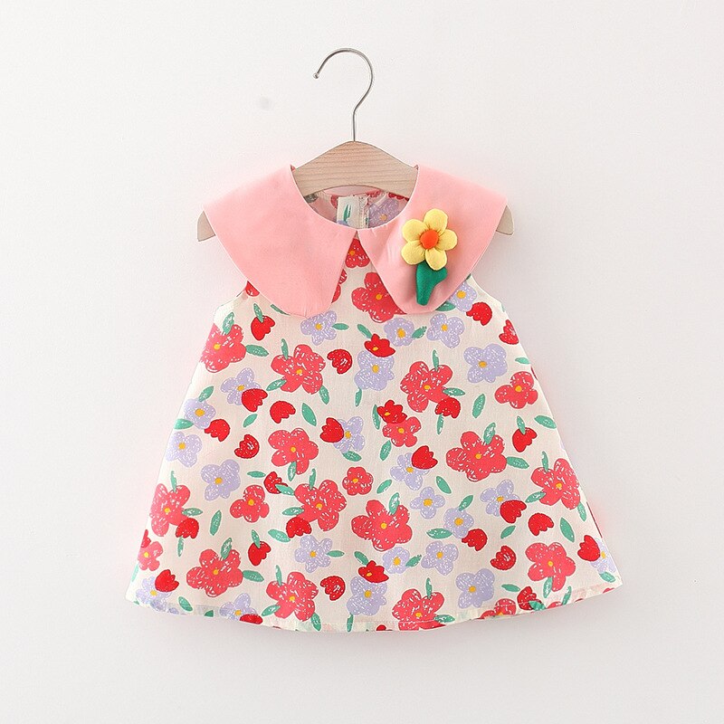 Cute Summer Baby Girl Beach Dresses with Doll Collar and Flowers