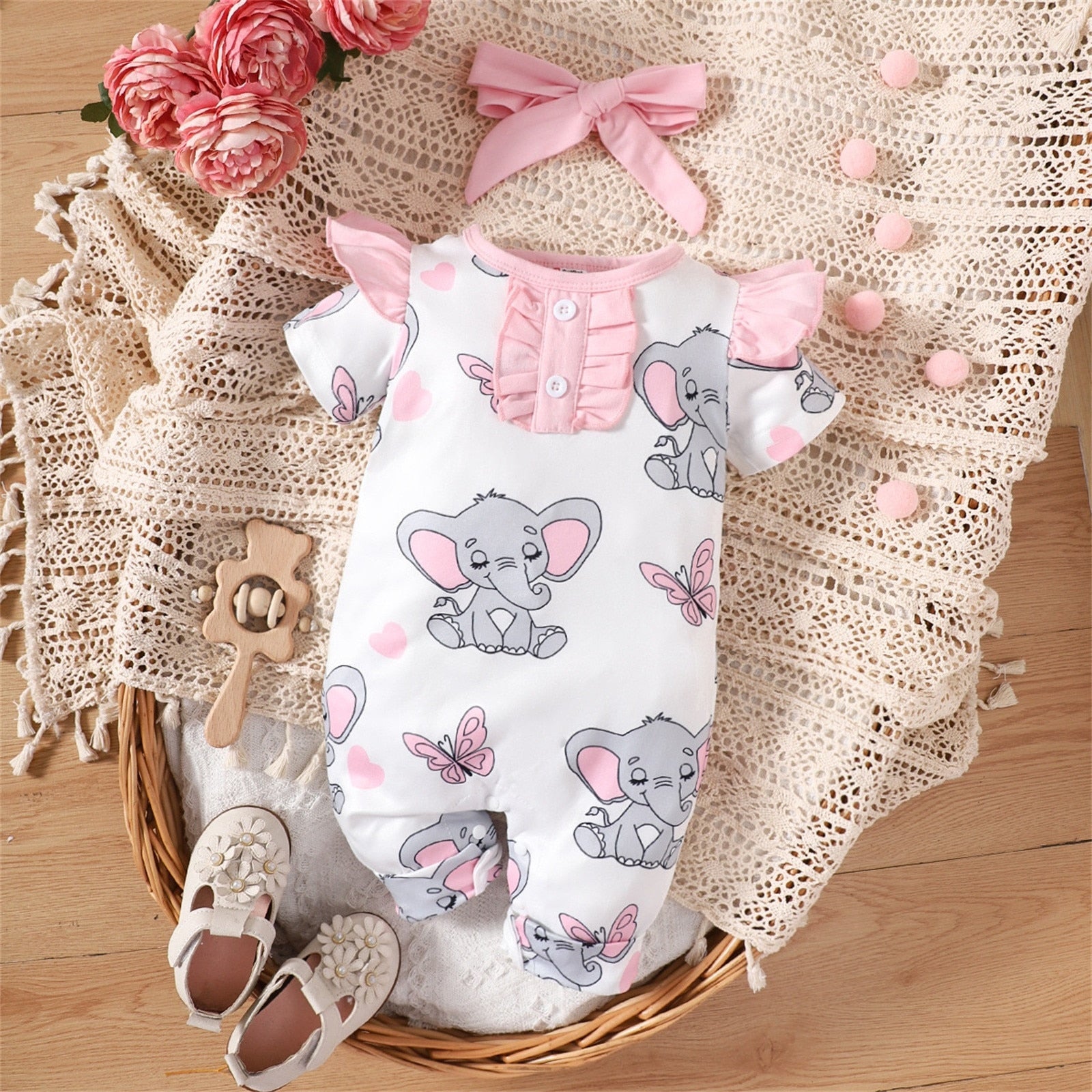 Adorable Elephant Print Baby Girl Romper Set for Spring/Summer