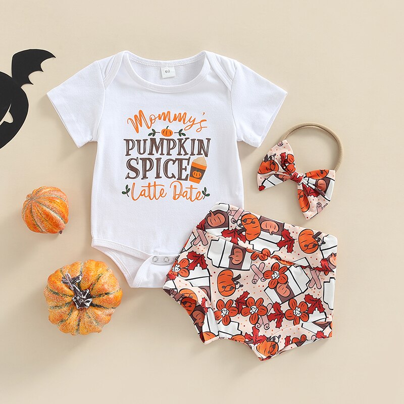 Adorable Halloween Baby Girl Clothes Set - Pumpkin/Letter Print Bodysuits, Shorts and Headband