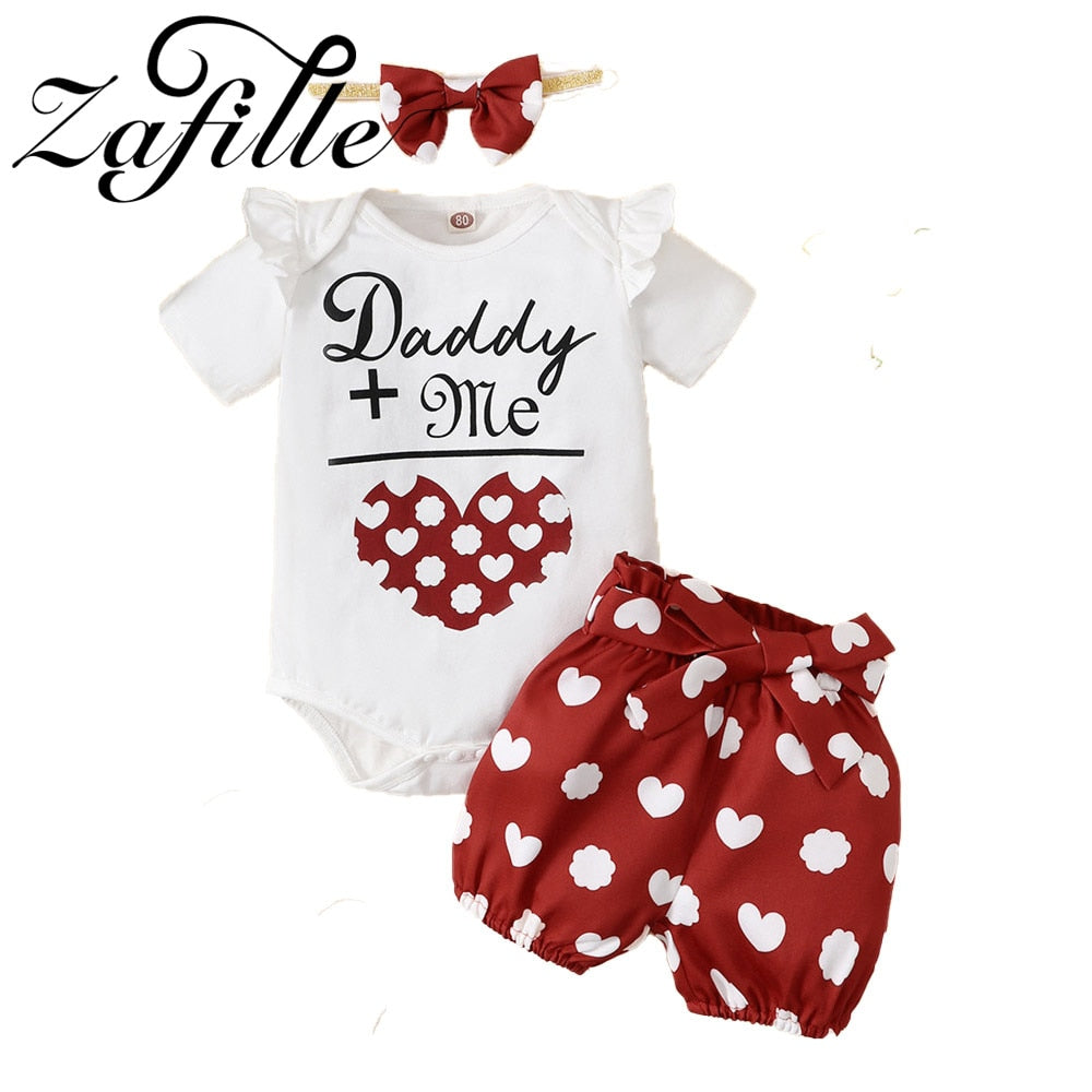 Sweet Baby Clothes Set for Summer : Letter Printed Bodysuit + Heart Printed Shorts